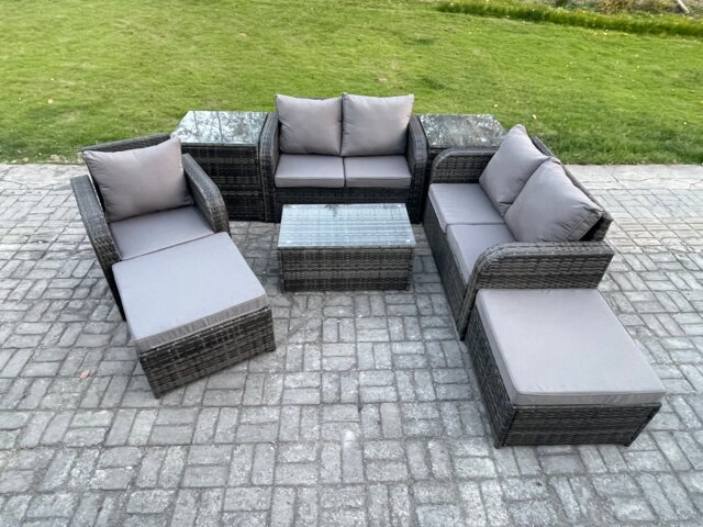 Fimous High Back Rattan Garden Furniture Set with Loveseat Sofa Rectangular Coffee Table 2 Big Footstool 2 Side Tables Indoor Outdoor Patio Lounge Sofa Set Dark Grey Mixed