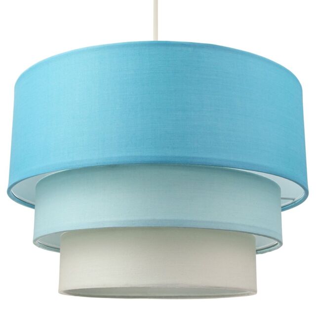 Contemporary Round Triple Tier Teal/Blue Cotton Fabric Pendant Light Shade Blue Teal 1
