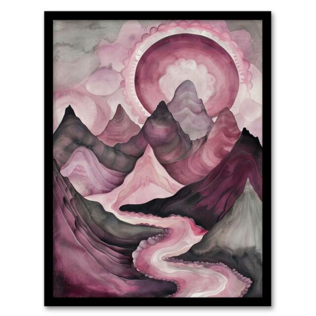 Purple Fantasy Mountain Path Sunset Home Decor Black Framed Wall Art Print A4