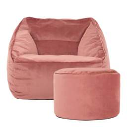 Natalia Velvet Adults Bean Bag Armchair and Pouffe, Ready Filled Large Beanbag and Footstool Dusk Pink Pink Dusk Pink XL 2
