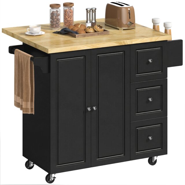 HOMCOM Kitchen Island on Wheels, Rolling Kitchen Storage Trolley with Drop Leaf, Rubber Wood Top, Drawers, Adjustable Shelf, Towel and Spice Rack for Dining Room, Black