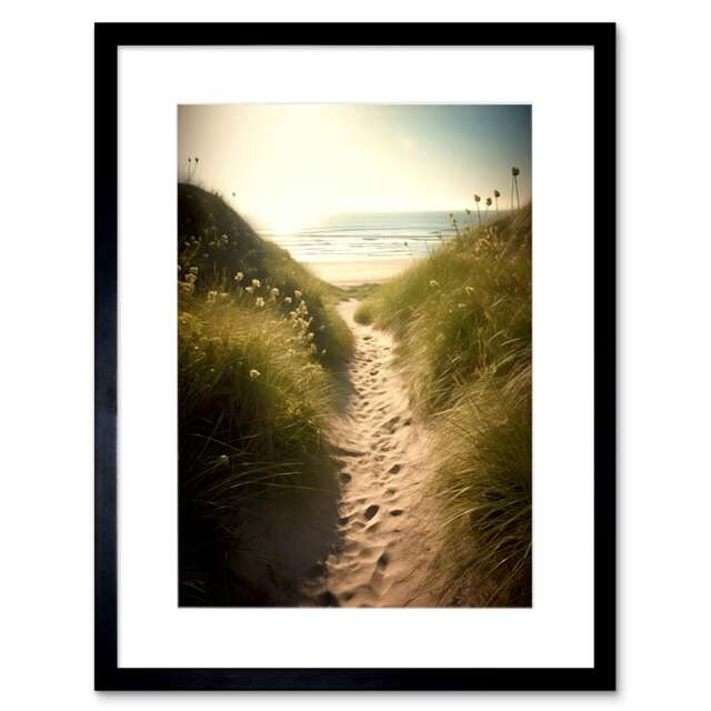 "Summer Beach Path Sunny Sandy Coastal Seascape 9x7"" Black Framed Wall Art Print"