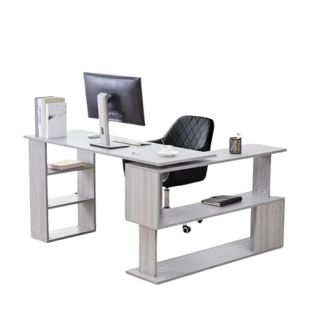 Grey Office Desk with Black Velvet Upholstered Chair Wooden Room Furniture