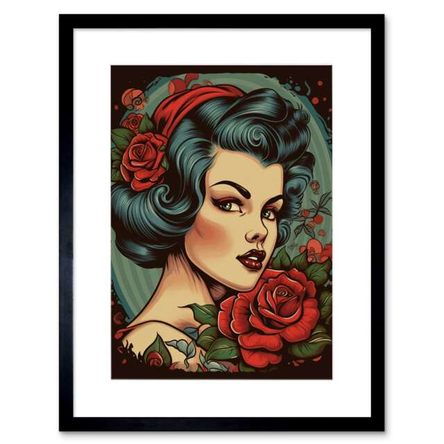 "Snow White Roses Pin Up Rockabilly Americana 50s 9x7"" Black Framed Wall Art Print"