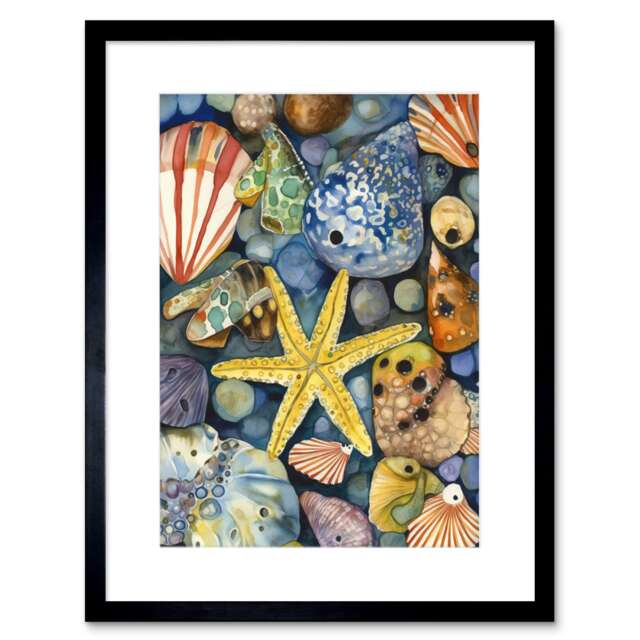 "Rock Pool Seaside Clams Starfish Bathroom 9x7"" Black Framed Wall Art Print"