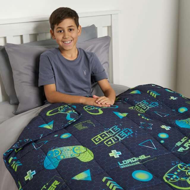 OHS Kids Reversible Gaming Print Sensory Stress Relief Weighted Blanket 3kg, 100x150cm - Navy Blue