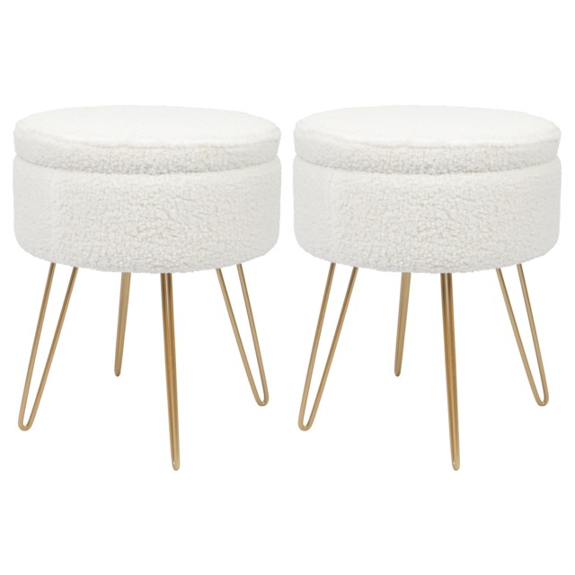 Harbour Housewares 2x Boucle Storage Footstools - Round Modern Dressing Table Footstool Vanity Seat Chairs - 46 x 37cm Gold Legs Gold Cream/Gold Pack of 2 2