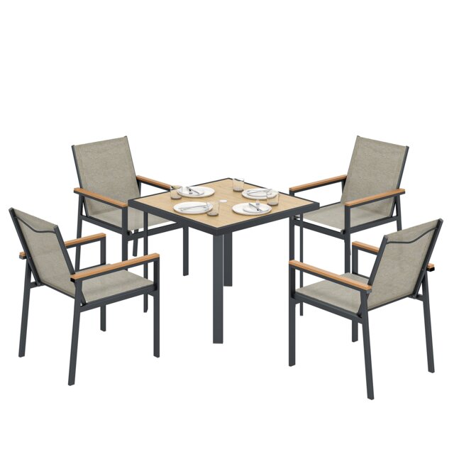 Outsunny 5 Piece Garden Dining Set, Outdoor Table and 4 Chairs, Khaki Brown Khaki, Teak wood-effect, Dark Grey frame Table 88x88x72cm, Chair 56x65x82cm