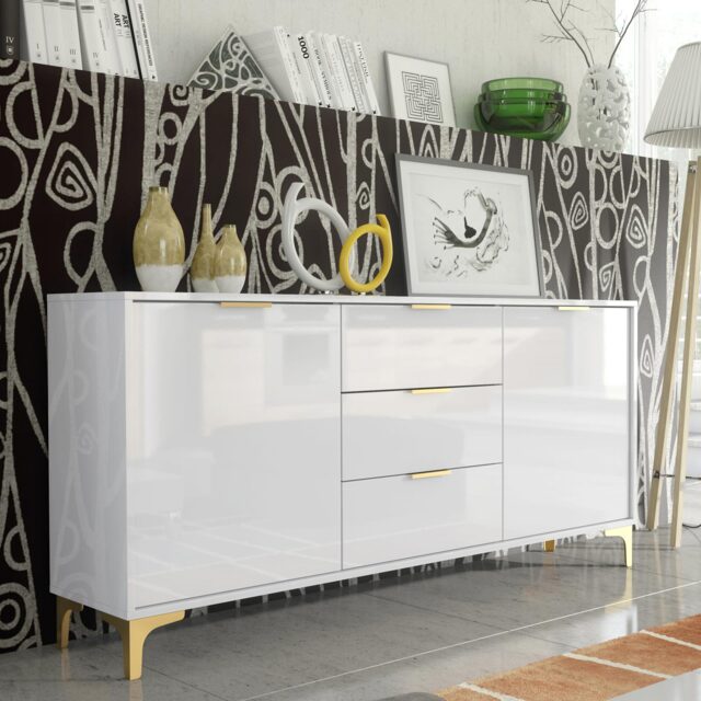 Sideboard Cabinet TV Unit Storage Cabinet White High Gloss Gold Handles Legs 140cm