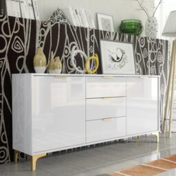 Sideboard Cabinet TV Unit Storage Cabinet White High Gloss Gold Handles Legs 140cm