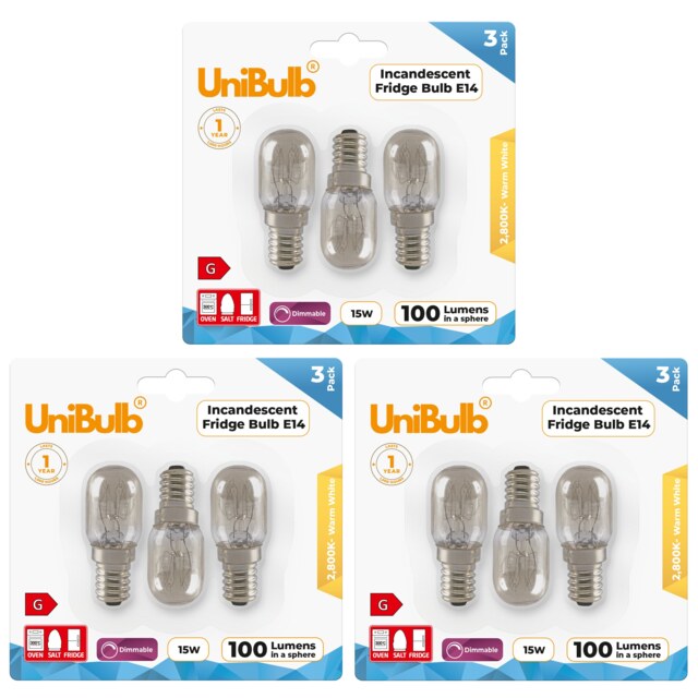 UniBulb Fridge / Oven / Salt Lamp Pygmy E14 Small Edison Screw (SES) 100lm 15W 2800K (Warm White) Incandescent Dimmable Light Bulbs - Pack of 9