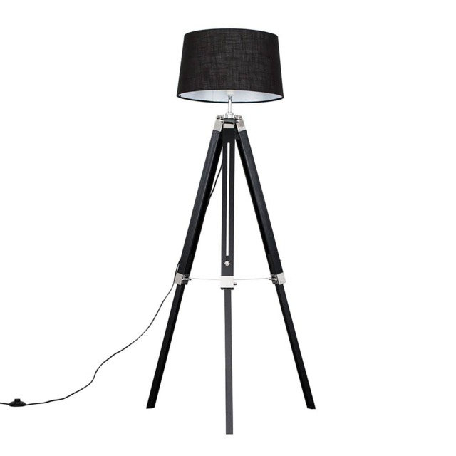 ValueLights Clipper Black Tripod Floor Lamp Black Doretta Shade and Bulb