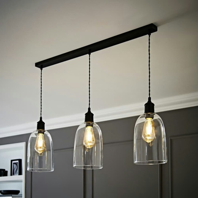 ValueLights Kira Glass Cloche Dome 3 Drop Bar Matte Black Diner Ceiling Pendant Light Black