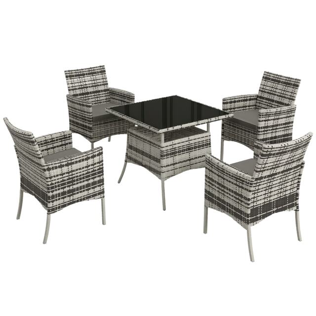 Outsunny 4 Seater Rattan Dining Set with Cushions, 5 Pieces Garden Dining Set with Glass Tabletop, PE Rattan Garden Furniture Set with Dining Table and Armchairs for Patio, Balcony, Mixed Grey