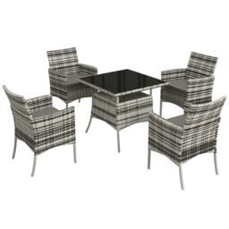 Outsunny 4 Seater Rattan Dining Set with Cushions, 5 Pieces Garden Dining Set with Glass Tabletop, PE Rattan Garden Furniture Set with Dining Table and Armchairs for Patio, Balcony, Mixed Grey