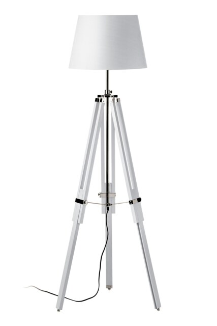 Interiors by Premier White Tripod Floor Lamp, Height Adjustable Natural Wood Legs, Chrome Accents With Soft Fabric Shade