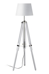 Interiors by Premier White Tripod Floor Lamp, Height Adjustable Natural Wood Legs, Chrome Accents With Soft Fabric Shade