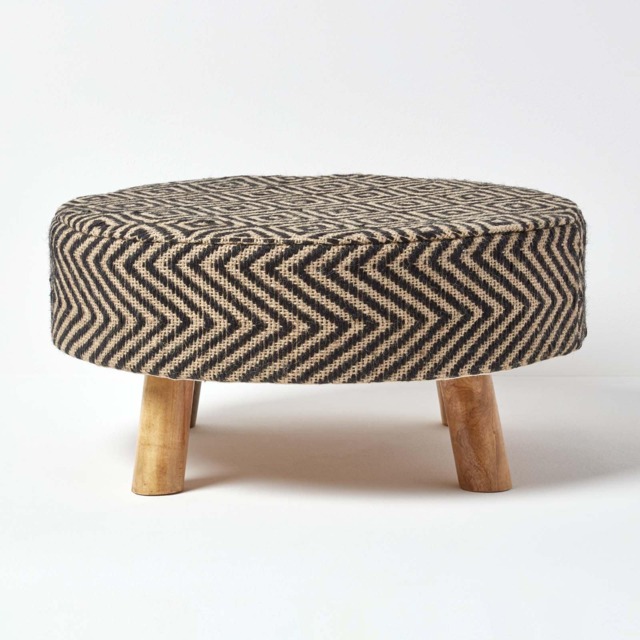 Homescapes Black and Natural Circular Footstool with Diamond Pattern Black 62 x 62 x 30 cm