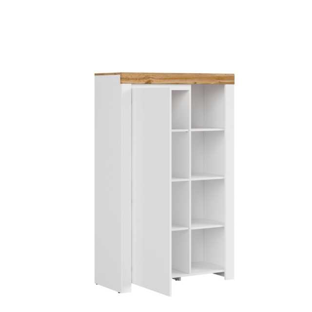 Slim Shelving Bookcase Unit Soft Close Door 156cm White Gloss Oak Effect Holten