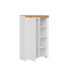Slim Shelving Bookcase Unit Soft Close Door 156cm White Gloss Oak Effect Holten