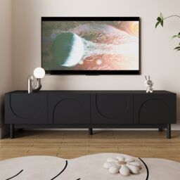 VILUXE 169 x 34 x 45.5cm Black TV Stand with 4 Handleless Wave-Textured Doors and Adjustable Internal Shelves, MDF and Particle Board Media Cabinet