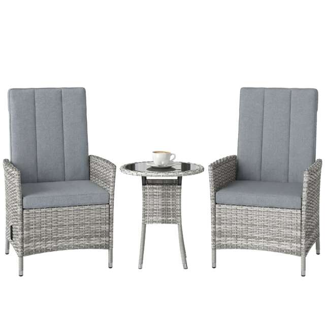 Outsunny Rattan Bistro Set, Reclining Garden Chairs and Table, Light Grey Grey Grey Chair: 59 x 59 x 100 cm Table: 50 x 50 x 58 cm