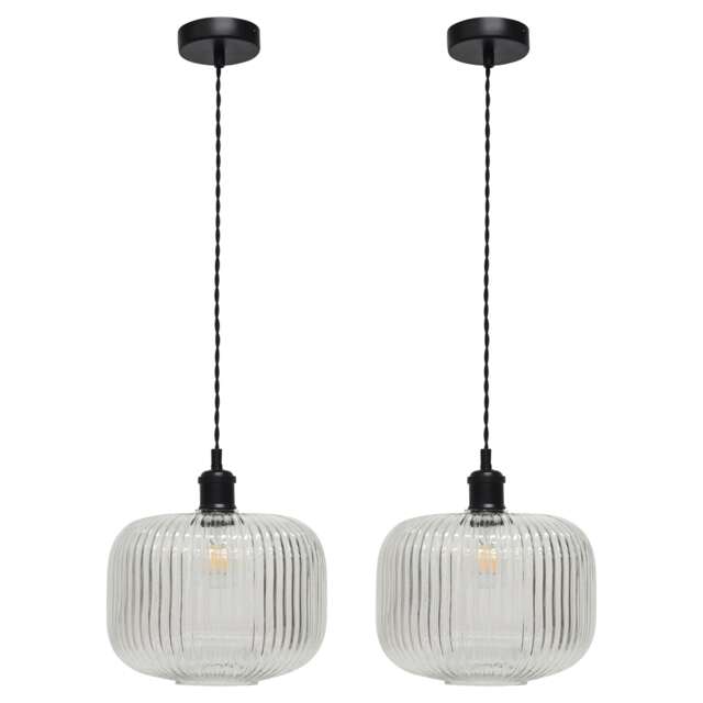 Set of 2 Batley Large - Clear Ribbed Glass Black Retro Pendants