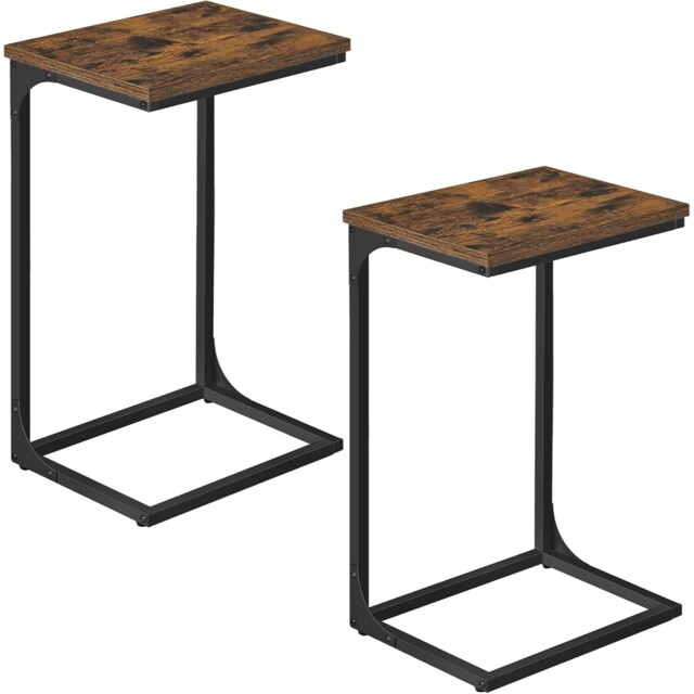 Set of 2 Industrial Side Table Set with Metal Frame Design, Rustic Brown and Ink Black