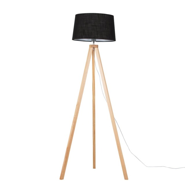 ValueLights Barbro Light Wood Tripod Floor Lamp Black Linen Shade