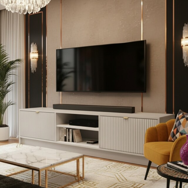 Modern TV Stand Tireno 2K 180 cm Sand Beige Fluted Fronts Gold Handles Loft Style Media Cabinet Unit For Living Room