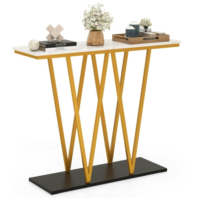 COSTWAY Console Table 100cm Entry Table Faux Marble Top Gold