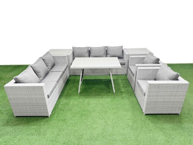 Fimous 8 Seater Garden Furniture Set PE Ratten Garden Sofa Set with Rectangular Dining Table 2 Side Tables Light Grey