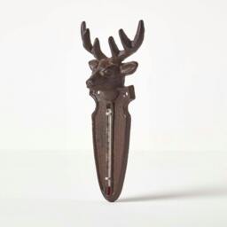 Homescapes Brown Wall Mounted Cast Iron Stag Garden Thermometer