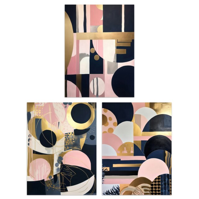 Set of 3 Abstract Geometric Boho Art Deco Gold Pink Patterns Wall Art Prints 12x16 Inch