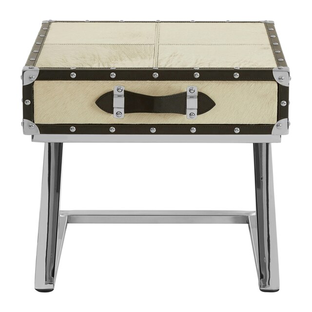 Genuine Hair-on Leather End Table,Eco-Friendly Mango Wood Cabinet,Small Side Table,Storage Bedside Table Cream