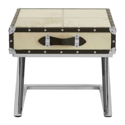 Genuine Hair-on Leather End Table,Eco-Friendly Mango Wood Cabinet,Small Side Table,Storage Bedside Table Cream
