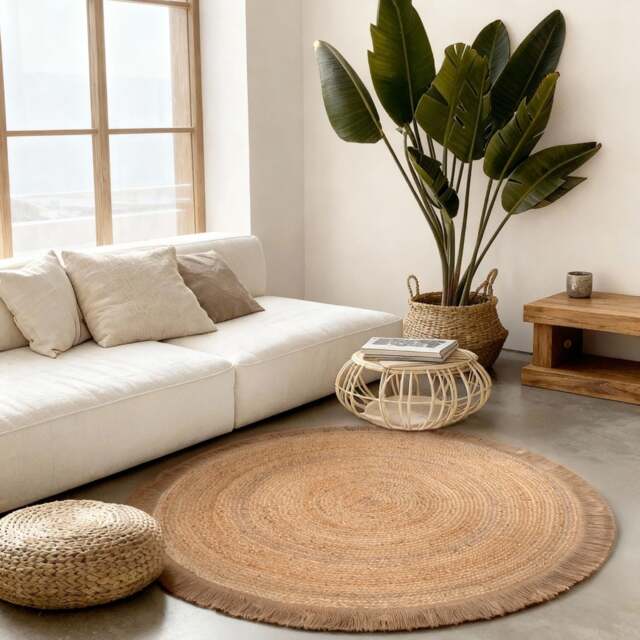 The Rugs Braided Reversible Jute Round Nuru Gold Handwoven Living Room Floor Rug