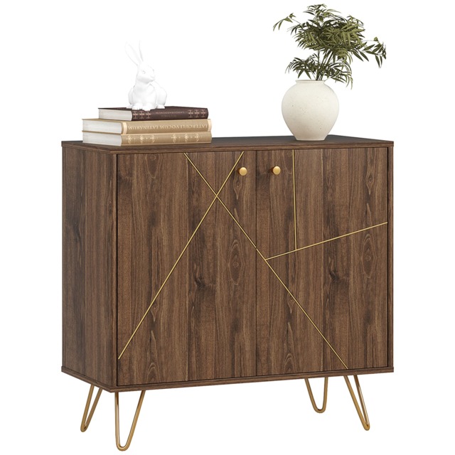 HOMCOM Sideboard Storage Cabinet with Luxurious Steel Lines Steel Legs Brown Brown Brown