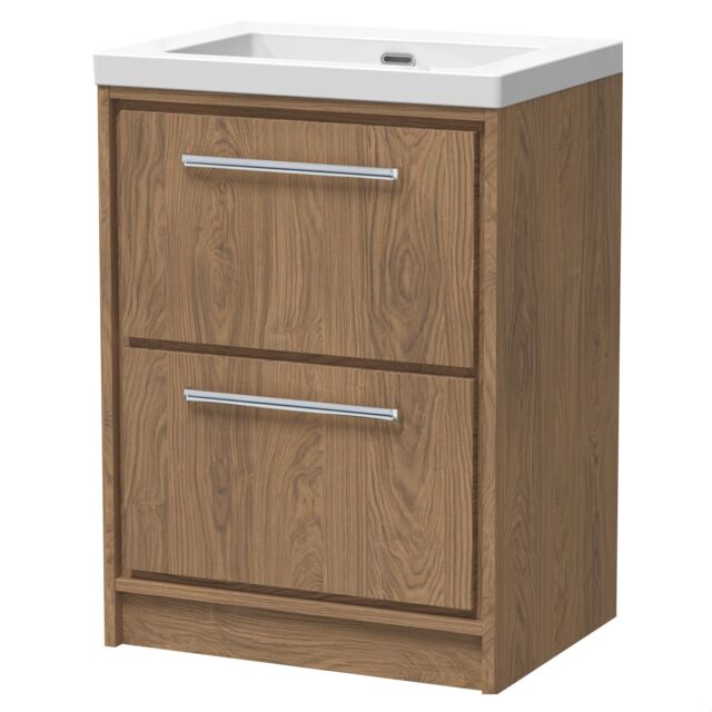 Balterley Longnor 2 Drawer Floor Standing Vanity Unit with 1 Tap Hole Modern Fireclay Basin, Antique Oak, 600mm