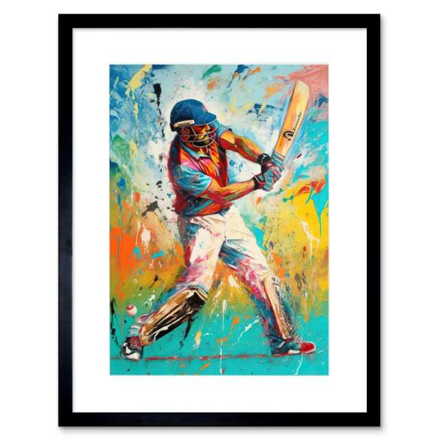 "Cricket Shot Vibrant Cricketer Batsman Portrait 9x7"" Black Framed Wall Art Print"