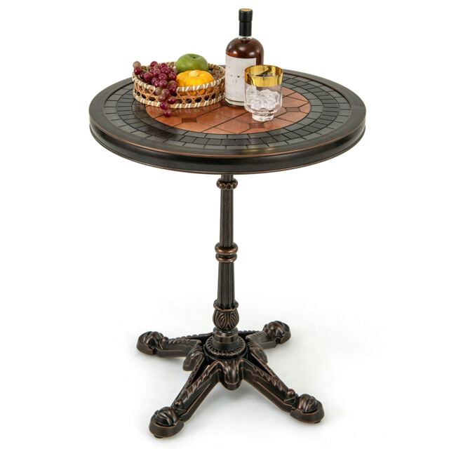 COSTWAY 60CM Round Patio Dining Table Cast Aluminum Brown