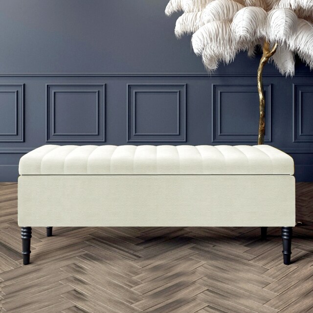120cm Paris Striped Ottoman Storage Bench -Upholstered Shoes Bench with Black Turned Wooden Legs - Cream Naple Ottoman Bench
