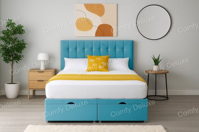 Ottoman Under Bed Storage 2ft6 Small Single Sky Blue Plush Bed Set with Headboard and Mattress