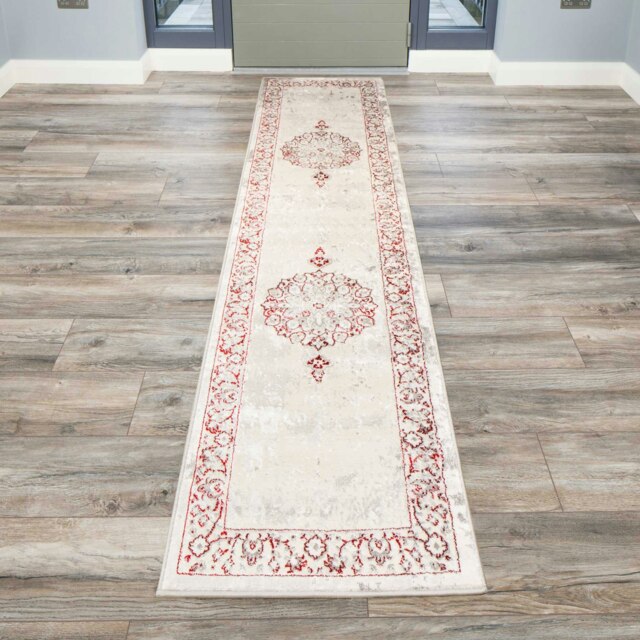 KUKOON Silver Grey Red Distressed Traditional Medallion Runner Rug 60cm x 240cm Grey
