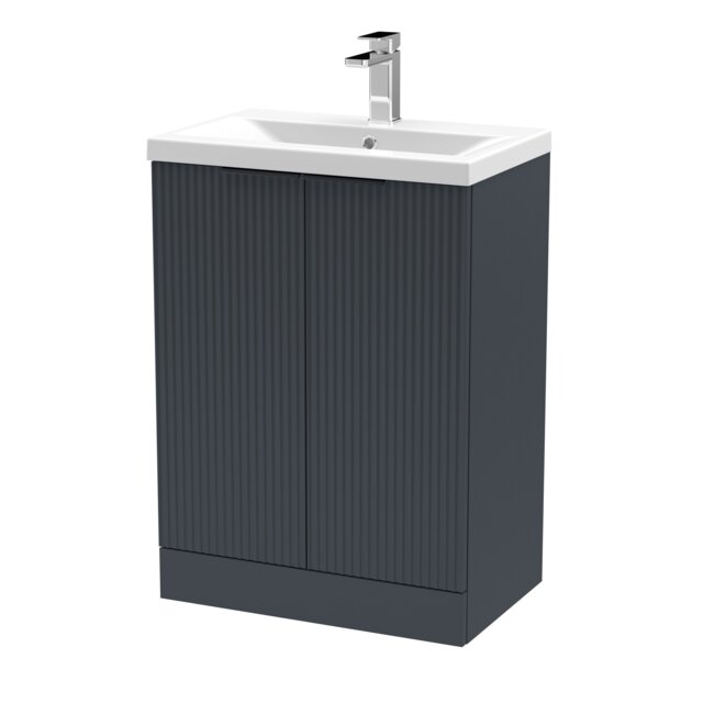 Balterley Fluted Front Floor Standing 2 Soft Close Door Bathroom Vanity Unit with 1 Tap Hole Basin, Handles Grey Soft Black