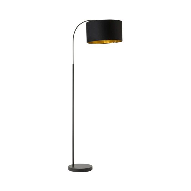 ValueLights Curva Black Arched Floor Lamp Black Velvet Gold Shade & Bulb Black