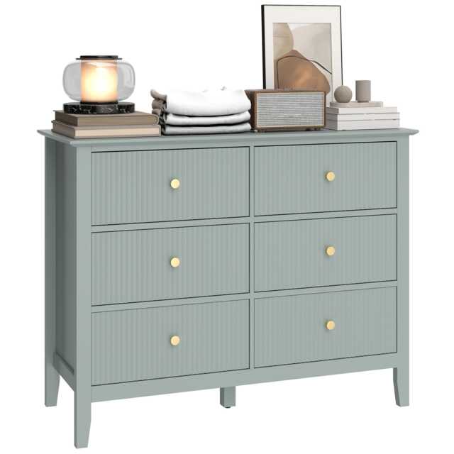 HOMCOM 6 Drawer Chest of Drawers, Fluted Dresser, Wide Modern Storage Unit for Bedroom, Living Room, Hallway, Wardrobe, Green Green