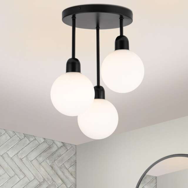 COSYLYTE Broome Bathroom Light 3 Modern Opal Glass Ceiling Light - Matt Black Black 1