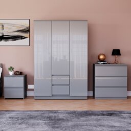 Vida Designs Glinton 3 Piece FSC Certified Bedroom Set (2 Drawer Bedside Chest, 3 Drawer Chest, 3 Door 2 Drawer Wardrobe), Grey Grey Grey