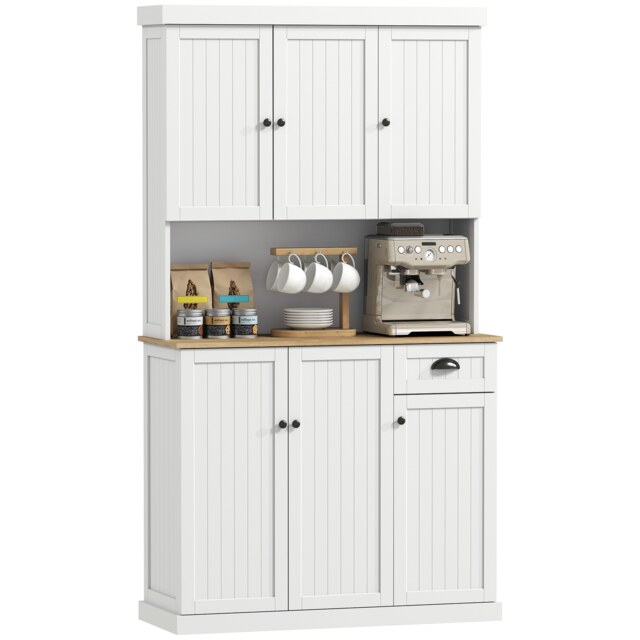 HOMCOM 180cm Kitchen Cupboard with 6 Doors, Modern Kitchen Storage Cabinet with Microwave Oven Countertop, Drawer, Adjustable Shelves and Cable Hole, White